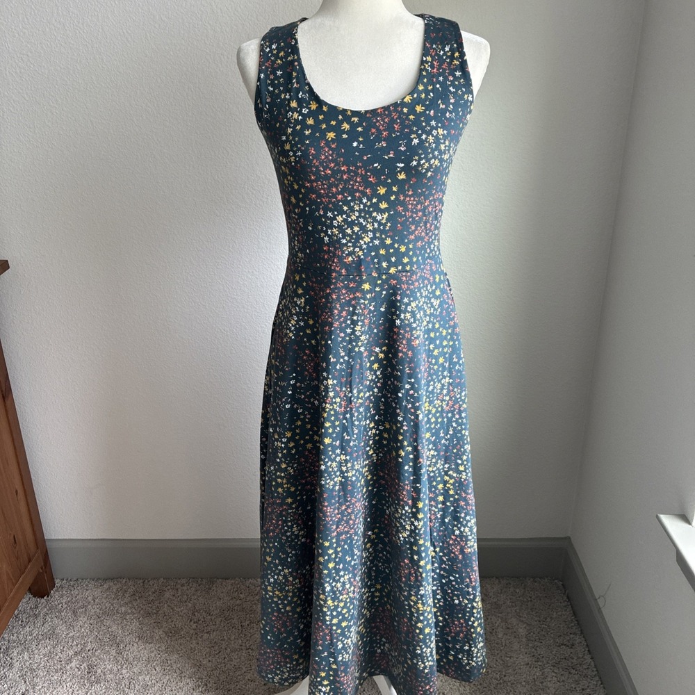Pact Fit & Flare Midi Dress Size Medium Teal Floral Print Stretch Organic Cotton